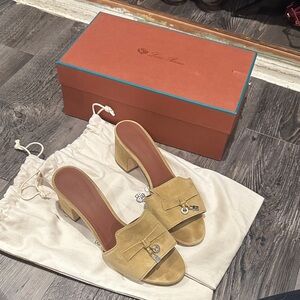 Loro Piana Suede Slide Heeled Sandals in Mustard Yellow